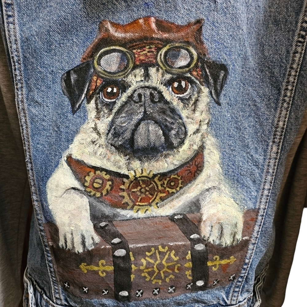 Steampunk Pug Dog Handpainted On a Hooded Denim Jean Jacket. - Picture 2 of 5
